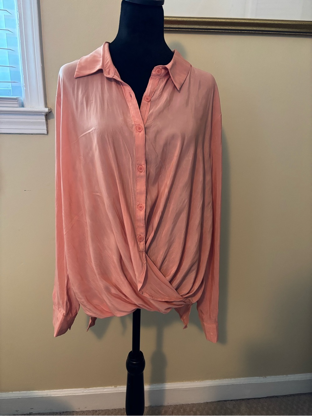 Mystree Blush Coral Twist-Front Button Down Shirt